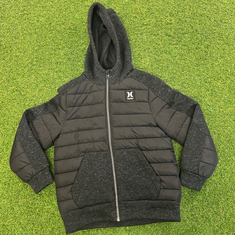 Hurley Boys Hybrid Puffer Jacket Full Zip Hoodie Black Charcoal Size S 7/8